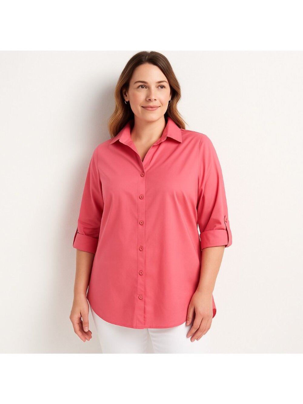 Chicos No-Iron Coral Button Front Shirt Sz 2 | L Roll Tab Sleeve Stretch Cotton
